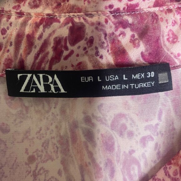 Zara Womens Size L Pink Abstract Print Button-Up Blouse Long Bell Sleeves Lightw - Picture 2 of 10